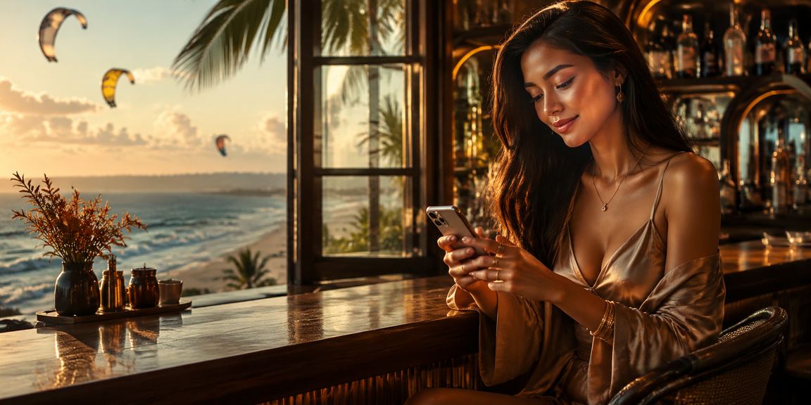 Người dùng tại Mũi Né đọc thông tin ưu đãi và tài khoản trên điện thoại